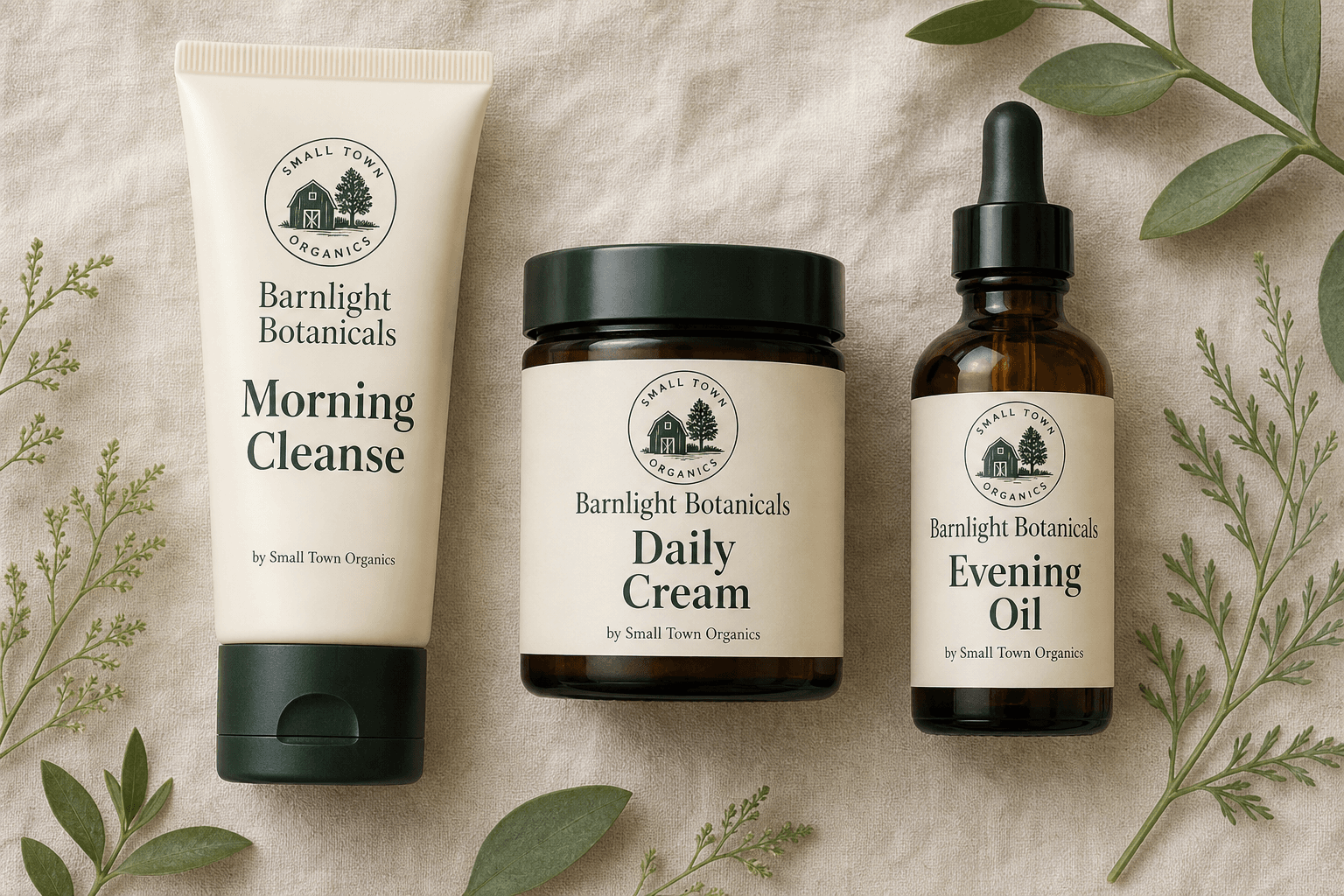 Barnlight Botanicals packaging: Morning Cleanse cream tube, Daily Cream jar, and Evening Oil amber dropper